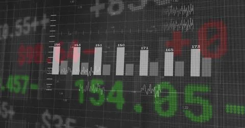 Rendering white vertical bar chart on financial screen with waveform lines  and  Stock Photos