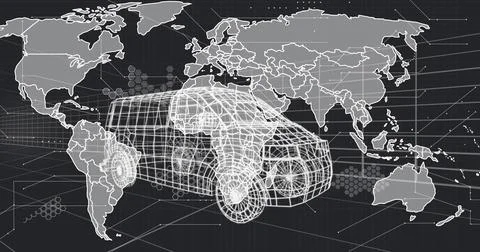 Rendering white wireframe cargo van model hovering in virtual 3D map UI, with Stock Illustration