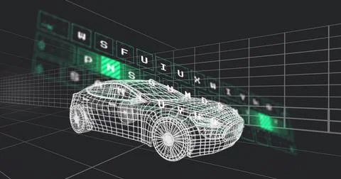 Rendering white wireframe sedan model rotating on perspective grid, with glowing Stock Illustration