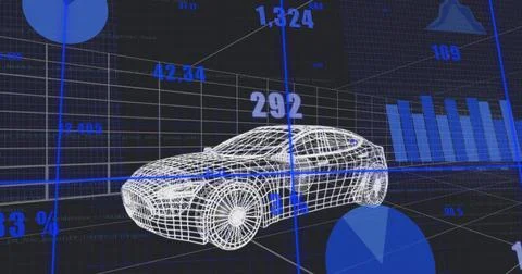 Rendering white wireframe sedan rotating on grid with axis lines, numeric Stockillustratie