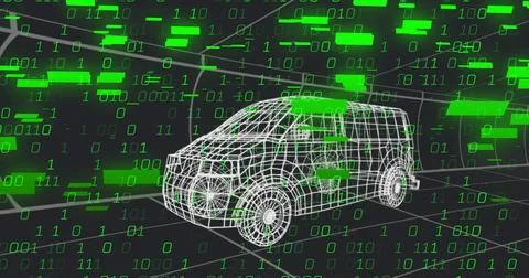 Rendering white wireframe SUV model sitting center in dark digital twin, with Stock Illustration