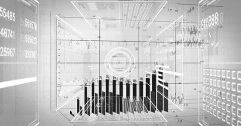 Rendering wireframe 3D bar chart display in virtual data room, with numeric Stock Illustration