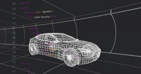 Rendering wireframe 3D car rotating on perspective grid floor inside arched Stock Illustration