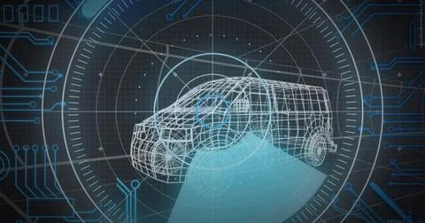 Rendering wireframe 3D SUV in dark grid interface with HUD overlays, circuit Stock Illustration