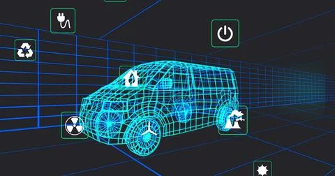 Rendering wireframe 3D van model within virtual grid tunnel, showing floating Stock Illustration