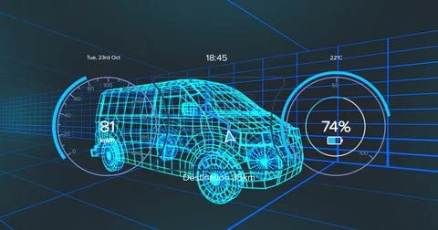 Rendering wireframe 3D van model moving in virtual tunnel, showing speed 81 km Stock Illustration
