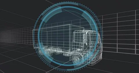 Rendering wireframe box truck model with blue HUD rings and vanishing-point grid Stock Illustration