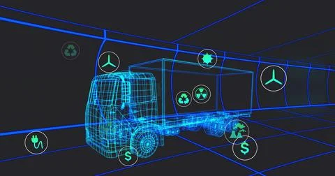Rendering wireframe box truck moving in neon grid tunnel, showing recycling and Stock Illustration