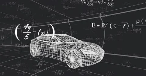 Rendering wireframe car floating inside grid-lined tunnel, displaying formulas, Stockillustratie
