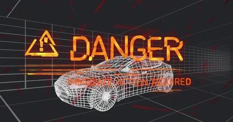 Rendering wireframe car model in 3D grid with danger icon and 'IMMEDIATE ACTION Stock Photos