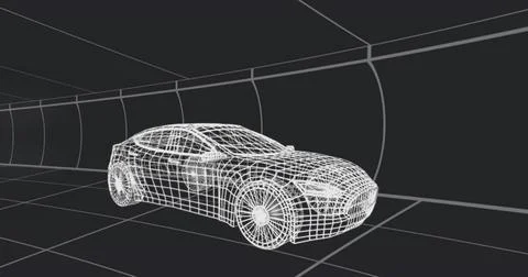 Rendering wireframe car model in virtual tunnel, showing wheel spokes, headli Stock Illustration