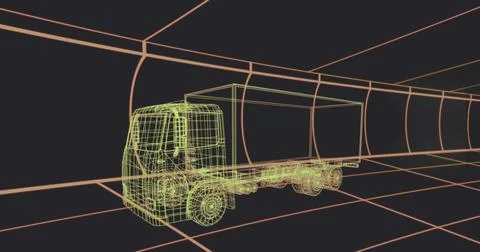 Rendering wireframe cargo truck model traveling through curved grid tunnel, Illustrazione stock