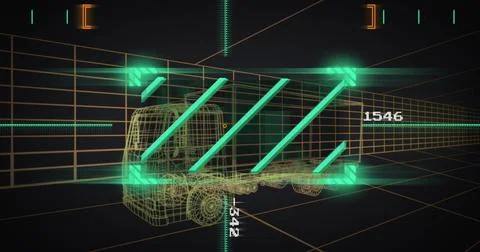Rendering wireframe cargo truck within 3D grid, with neon green slanted bars, イラスト素材