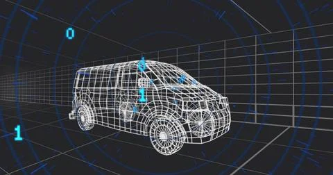 Rendering wireframe cargo van rotating in virtual chamber, showing HUD rings and Stock Illustration