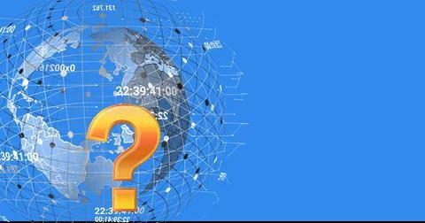Rendering wireframe globe spinning on blue field, with orange question mark and Stock Photos