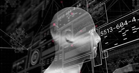 Rendering wireframe head on right in virtual HUD, showing pink nodes and readout Stock Photos