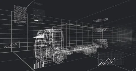 Rendering wireframe heavy truck and chassis within 3D perspective grid, with 스톡 일러스트