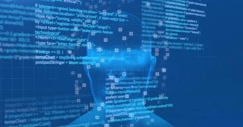 Rendering wireframe humanoid head floating in virtual data lab, with code 스톡 사진