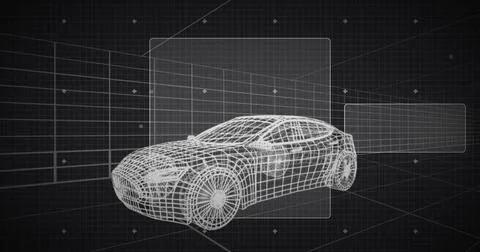 Rendering wireframe passenger car model in CAD workspace, showing grid plane  Stock Illustration