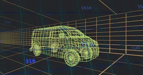 Rendering wireframe passenger van model moving through 3D grid tunnel, showing Illustrazione stock