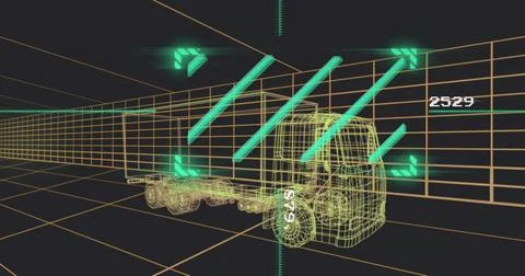 Rendering wireframe semi-truck and trailer moving through orange grid corrido Stock Illustration