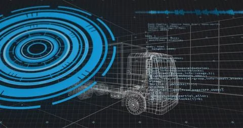 Rendering wireframe semi-truck cab and chassis rotating in virtual CAD viewer, Stock Illustration