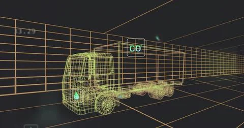 Rendering wireframe semi-truck floating in 3D grid space, highlighting CO² and 스톡 일러스트