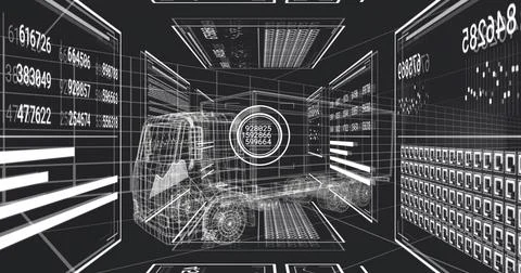 Rendering wireframe semi-truck floating in virtual data room, showing circular Stock Illustration