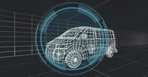 Rendering wireframe SUV model rotating in virtual CAD workspace with HUD rings Stock Illustration