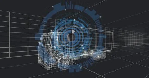 Rendering wireframe tractor-trailer model highlighting wheels, chassis and HU Stock Illustration