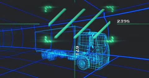 Rendering wireframe tractor-trailer moving through virtual tunnel with neon blue 库存插图