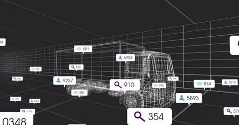 Rendering wireframe truck cab and chassis on grid, showing floating data labels Stock Illustration