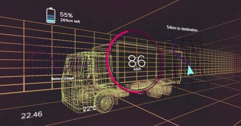 Rendering wireframe truck model driving through 3D grid, with speedometer and Stock Illustration