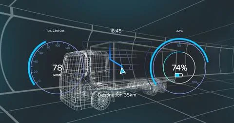 Rendering wireframe truck model moving in grid space, with gauges, navigation Illustrazione stock