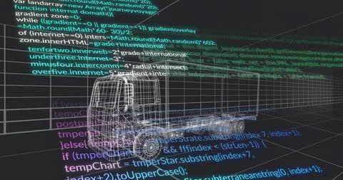 Rendering wireframe truck tractor cab chassis floating in virtual 3D grid tun Stock Illustration