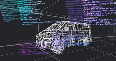 Rendering wireframe van model floating over dark grid floor in 3D workspace, Stock Photos