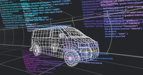Rendering wireframe van model on virtual 3D grid plane, with overlaid Stock Photos