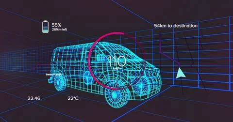 Rendering wireframe van showing speed gauge, battery, temperature icons, Stock Illustration