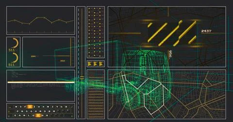Rendering wireframe vehicle with dotted polyhedral cube on control console, Stock Illustration