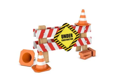 Rendering of wooden barrier with under construction sign and some traffic cones Stock Illustration