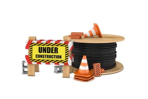 Rendering of wooden barrier with under construction sign, big cable drum and Stock Illustration