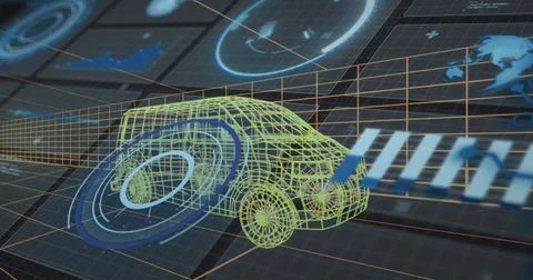 Rendering yellow-green wireframe compact car rotating in virtual 3D simulation, Stock Illustration