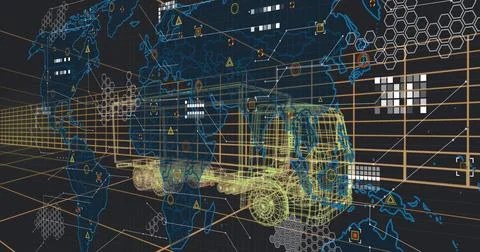 Rendering yellow-green wireframe semi-truck and trailer moving on virtual map Stock Photos