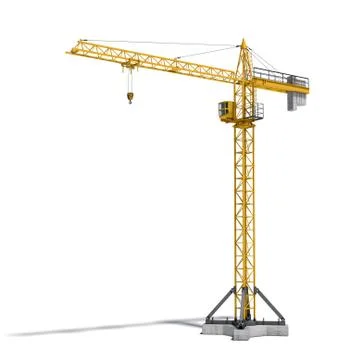 Rendering of yellow tower crane full-height isolated on the white background Stock Illustration