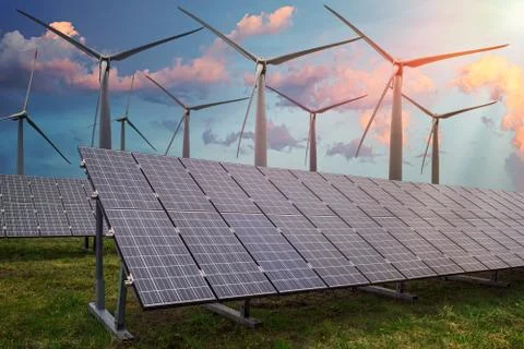 Renewable and alternative power production concept. Photovoltaic solar panels Stock Photos