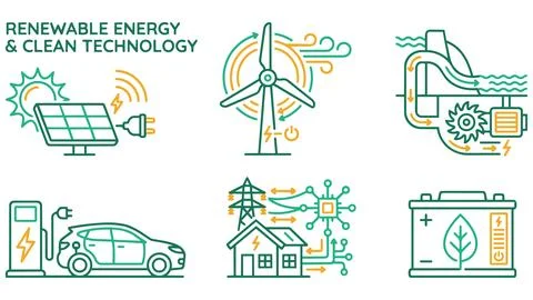 Renewable energy and clean technology sustainable power line icon set Stock Illustration