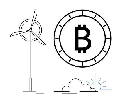 Renewable Energy and Cryptocurrency Connection Wind Turbine, Bitcoin Symbol.. Stock Illustration