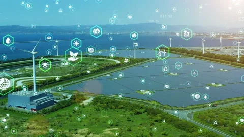 Renewable energy and environmental technology concept. Wind power plant. Solar p Stock Footage 155050865