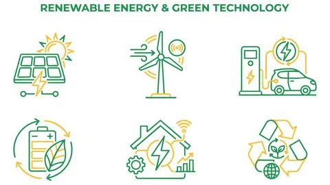 Renewable energy and green tech linear icon collection with renewable, electr Stock Illustration
