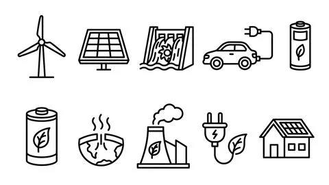 Renewable energy and green technology vector line icons set depicting susta.. Ilustración de archivo